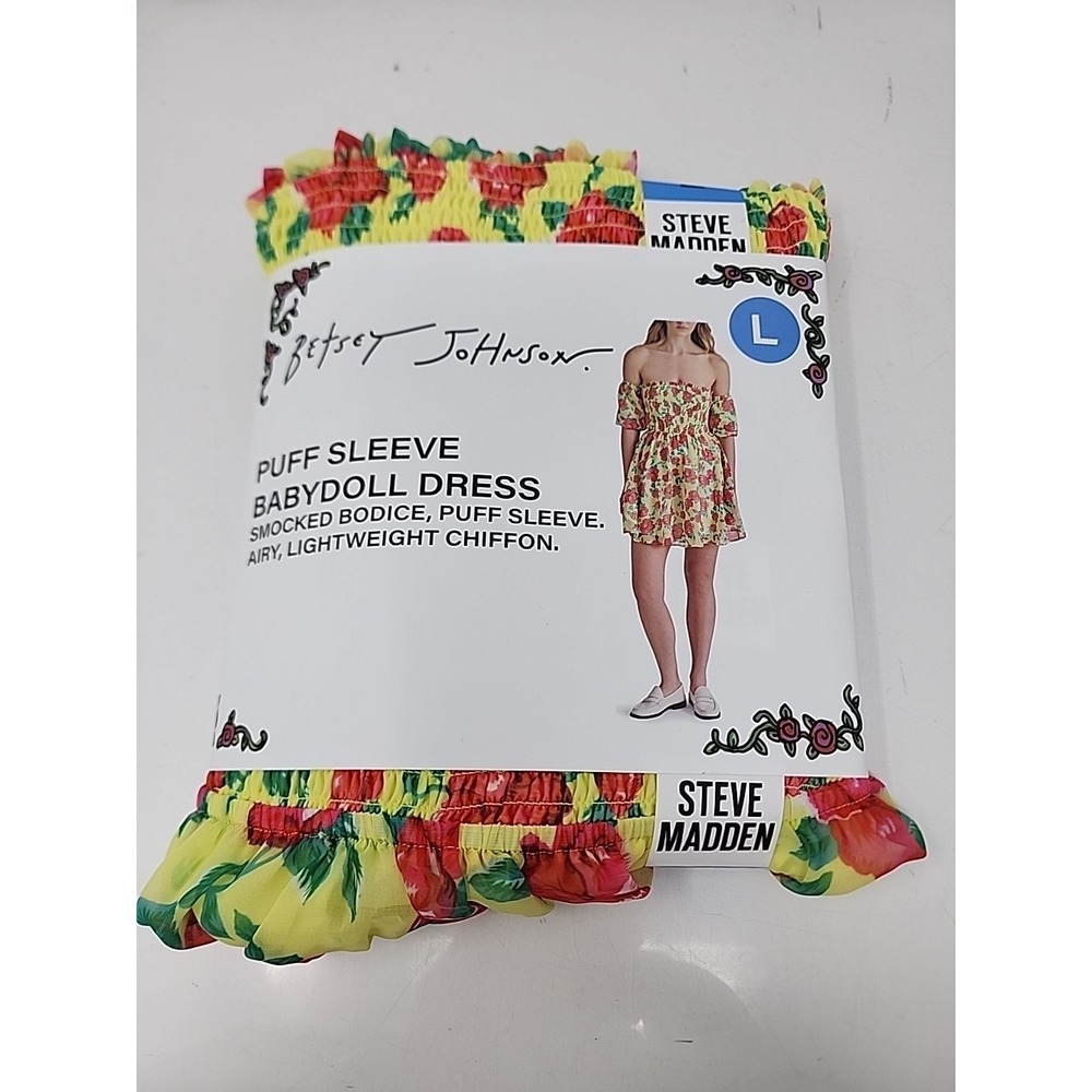BETSY JOHNSON Puff Sleeve‎ Babydoll Dress Large Yellow Floral Ruffle